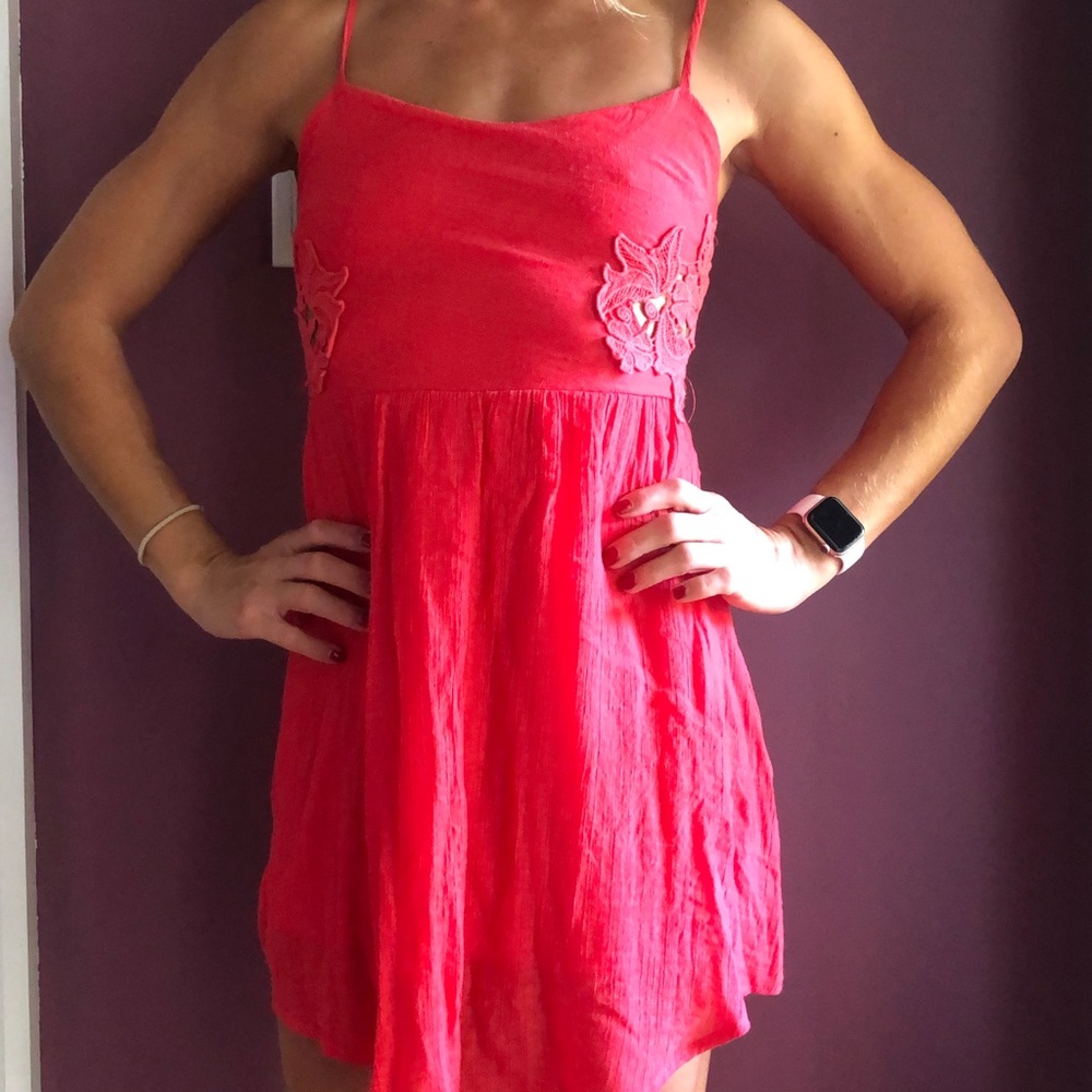 Pink/Red Mini Dress with Lace Detail on Side